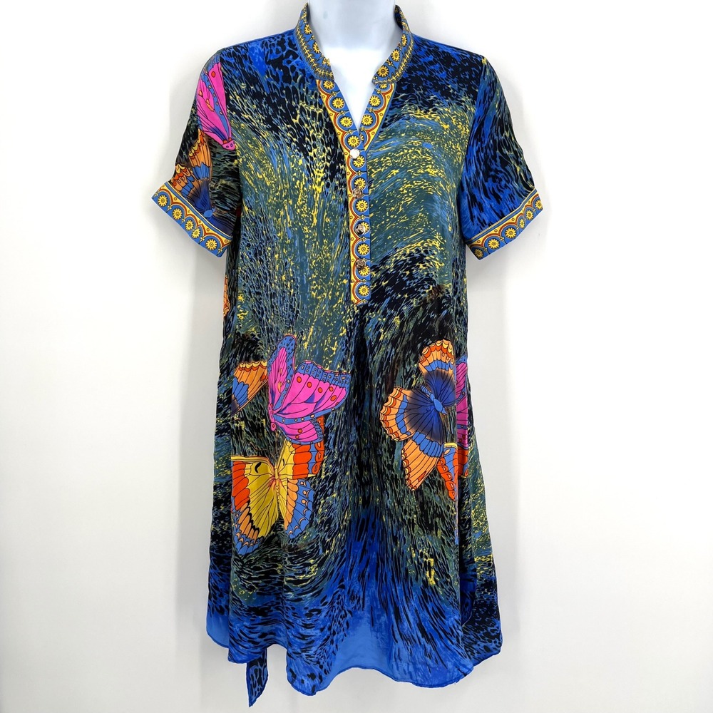 Queen Mulock Butterfly Dress 100% Silk Blue Size S Boho Festival Fairy
